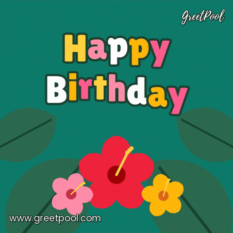Happy Birthday Tropical Hibiscus Happy birthday in hopping multicolour letters over red, pink and yellow hibiscus flowers and green leaves