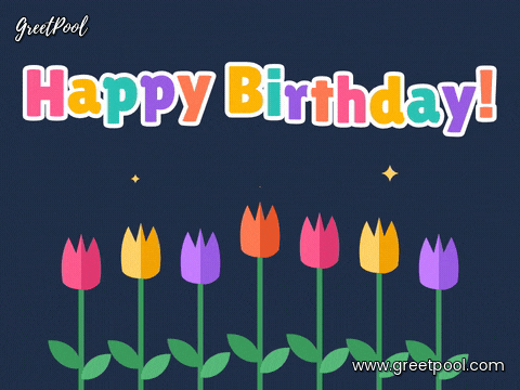 Happy Birthday Tulips Hopping Letters Happy birthday in colourful hopping letters above a row of bright tulips bouncing in a wave