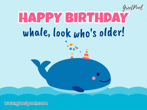 Happy Birthday whale in a party hat spouting confetti over the waves, whale look who's older pun