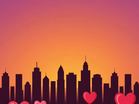 Heart shaped balloons rising over a city skyline, happy birthday to my favorite person gif