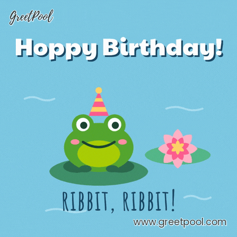 Hoppy Birthday Frog Water Lily Hoppy birthday, a frog in a party hat hops on a lily pad beside a pink water lily, ribbit ribbit