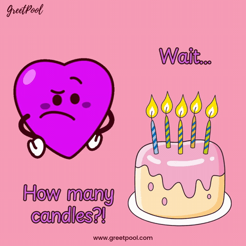 How Many Candles Birthday Cake Heart Worried heart beside a candlelit cake asking How many candles, animated funny birthday GIF