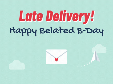 Late Delivery Belated Birthday Paper Plane Late delivery happy belated birthday paper plane circling an envelope with a red heart in the clouds