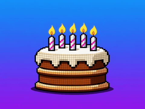 Level Up Birthday For Him Pixel art birthday cake bursting into a Level Up flash with confetti coins, happy birthday gif for him