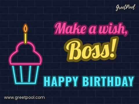 Make A Wish Boss Birthday Neon Make a wish, boss neon sign with a glowing cupcake and flickering candle, happy birthday on a brick wall