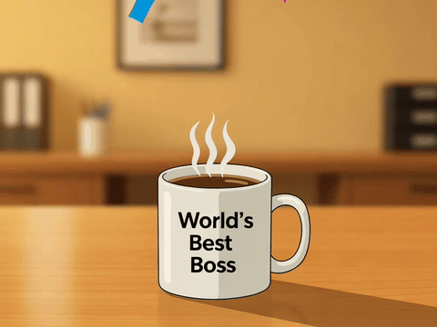 Coffee mug reading World's Best Boss with confetti, happy birthday gif for boss
