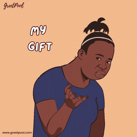 My Gift Birthday Reaction Person shrugging with a questioning My Gift caption, animated funny birthday reaction GIF