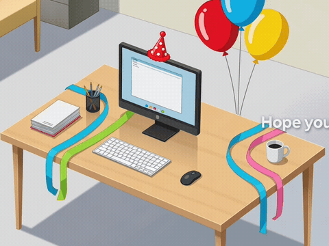 Office Party Birthday For Boss Office desk decorated with balloons and a party hat, happy birthday gif for boss