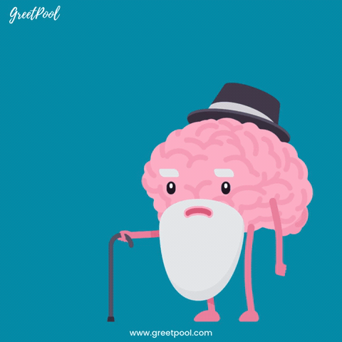 Older But Wiser Brain Birthday Brain character in a top hat with a cane under Older But Wiser, animated funny birthday GIF