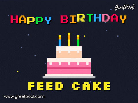 Happy birthday pixel art cake with flickering candles and a blinking feed cake arcade message
