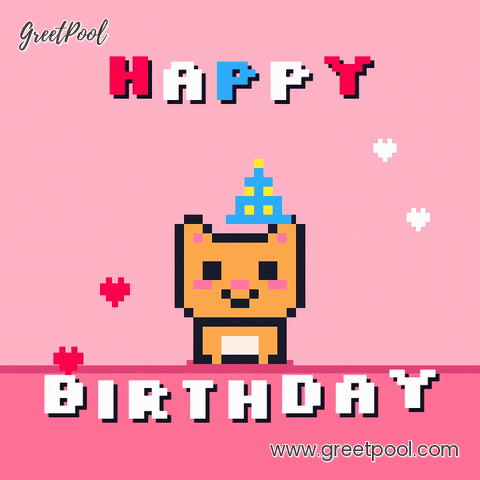 Pixel Cat Party Hat Birthday Happy birthday pixel art orange cat in a party hat hopping with floating hearts on a pink background