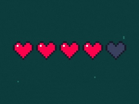 Happy birthday pixel art heart containers filling up with a plus 1 year video game power-up