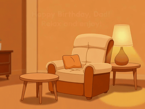 Cake slice beside a cozy recliner chair, happy birthday dad relax and enjoy gif
