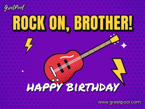 Rock on brother happy birthday pop art red electric guitar with lightning bolts on purple halftone