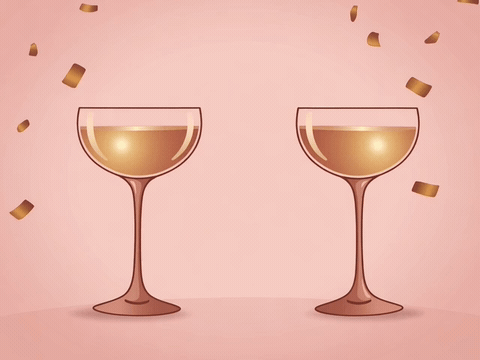 Rose Gold Toast Birthday For Her Champagne coupes clinking with rose gold confetti, happy birthday gif for her