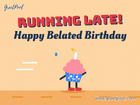 Running late happy belated birthday cupcake sprinting with its candle flame blown back