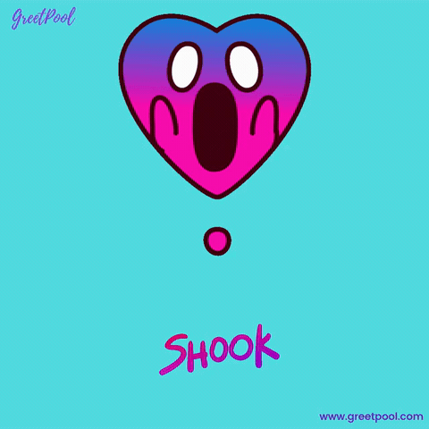Gasping heart character with Shook lettering, animated funny birthday reaction GIF