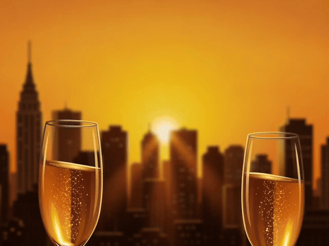 Two glasses raised against a sunset skyline, here's to another amazing birthday gif