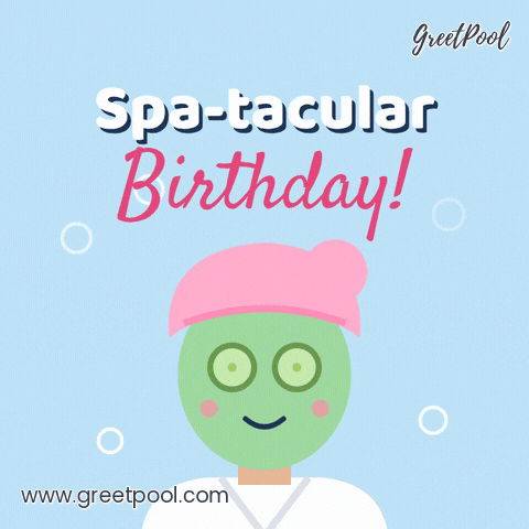 Spa-tacular birthday pun above a smiling woman in a green face mask, pink towel and cucumber eye slices