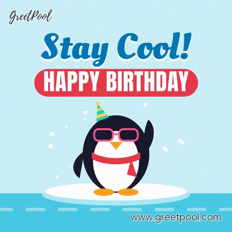 Happy birthday stay cool with a penguin in pink sunglasses and a party hat waving on an ice floe