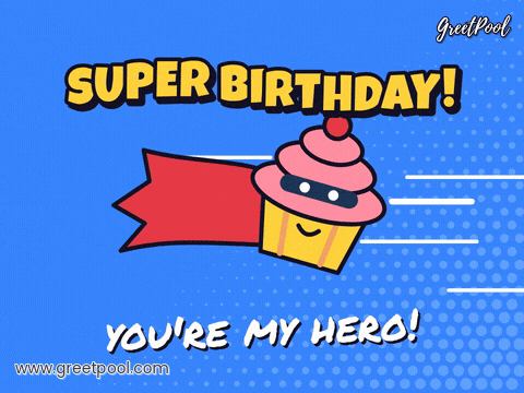 Super Birthday Comic Cupcake Hero Super birthday comic book cupcake in a red cape and mask flying past speed lines with you're my hero