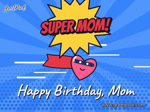 Super mom happy birthday comic book heart in a red cape and mask flying past speed lines