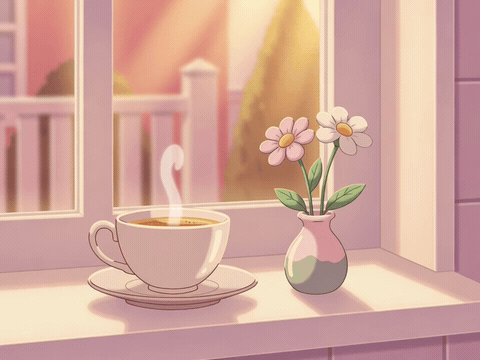 Teacup and flowers on a sunlit windowsill, wishing the best mom a wonderful birthday gif