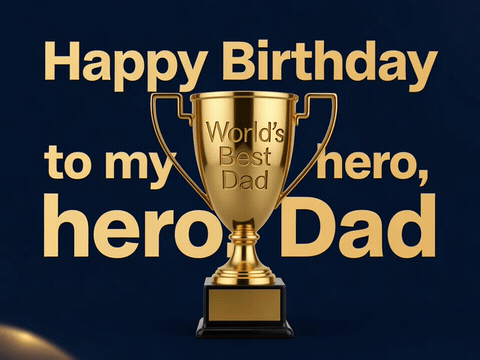 Gold World's Best Dad trophy spinning, happy birthday to my hero dad gif