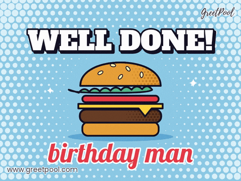 Well done birthday man pun with a bouncing pop art burger on a pale blue halftone dot background