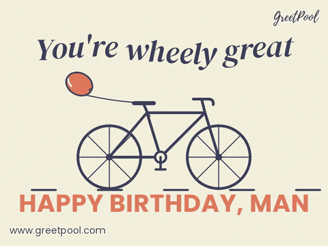 You're wheely great, happy birthday man line art bicycle with spinning wheels and a red balloon