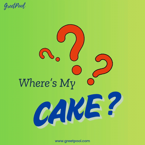 Wheres My Cake Question Marks Birthday Bold question marks above Where's My Cake on green, animated funny birthday GIF
