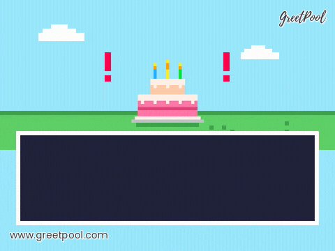 A wild cake appears typed in a retro pixel game dialog box with a happy birthday line under a hopping pixel cake