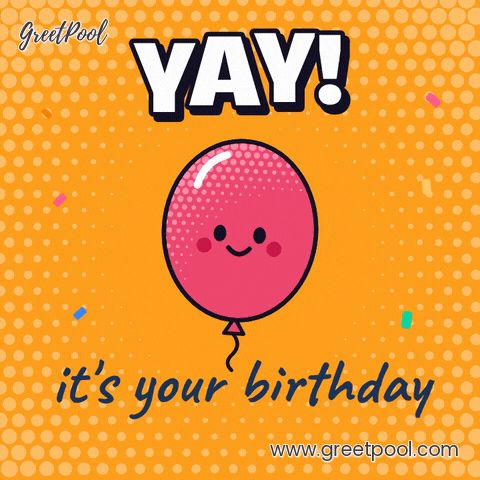Yay Birthday Halftone Smiling Balloon Yay it's your birthday smiling pink balloon bobbing on an orange halftone dot background with confetti
