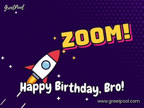Zoom Birthday Bro Comic Rocket Zoom happy birthday bro comic book rocket blasting through stars on a deep purple background