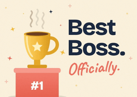 Best Boss. Officially. Boss's Day message with a gold star trophy on a red #1 podium and sparkles