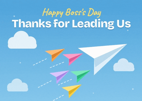 Happy Boss's Day, thanks for leading us, with a white paper plane leading colourful planes in a blue sky