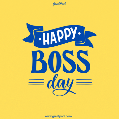 Animated Happy Boss Day GIF with a blue ribbon banner on yellow
