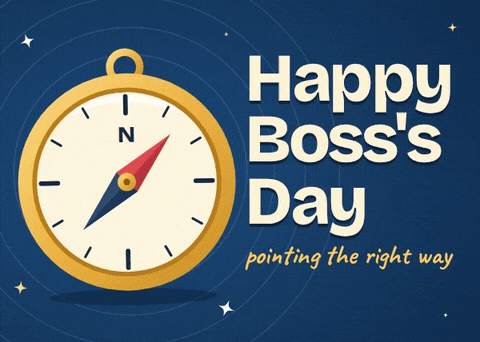 Happy Boss's Day, pointing the right way, with a gold compass needle swinging on a navy background