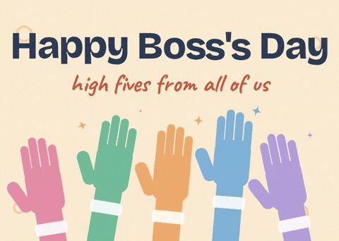 Happy Boss's Day, high fives from all of us, with five colourful raised hands waving on cream