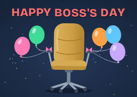 Happy Boss's Day with a gold office chair tied to colourful balloons and falling confetti on navy