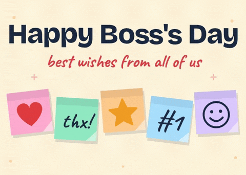 Happy Boss's Day best wishes from all of us on colourful sticky notes with a heart, thx, star and smiley