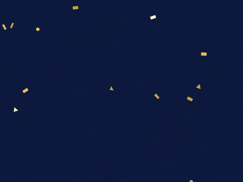 Celebration Hooray Gold Streamers Hooray in gold italic lettering with gold streamers and confetti falling on a navy background