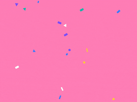 Celebration Yay Bouncing Letters Yay in giant bouncing yellow letters with falling confetti on a pink celebration background