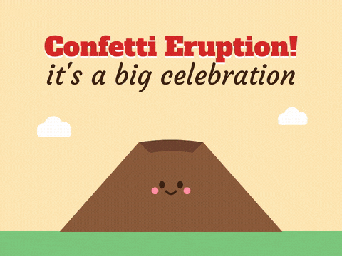 Confetti eruption celebration with a cute brown volcano rumbling and blasting rainbow confetti