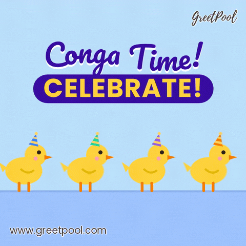 Duckling Conga Line Celebration Conga time celebration with a line of yellow ducklings in party hats dancing across the frame