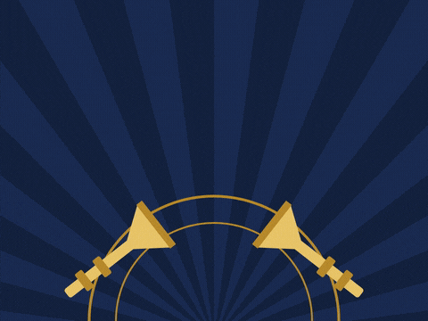 Grand Style Deco Trumpets Celebration Celebrate in grand style in gold art deco letters as two golden trumpets blast confetti on navy