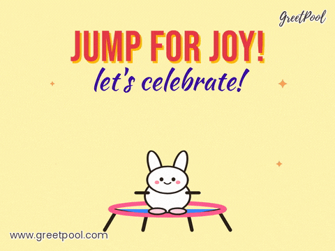 Jump for joy celebration with a white bunny bouncing high on a blue trampoline