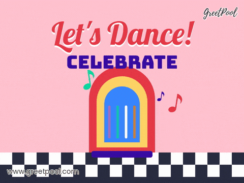 Let's dance celebration with a red retro jukebox bouncing to the beat on a checkered diner floor
