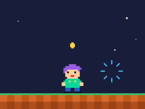Level clear celebration in 8-bit pixel letters as a pixel hero hops for joy and coins pop up