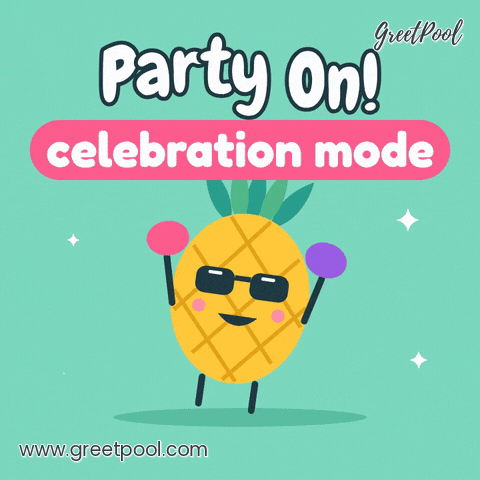 Party on celebration with a dancing pineapple in sunglasses shaking pink and purple maracas